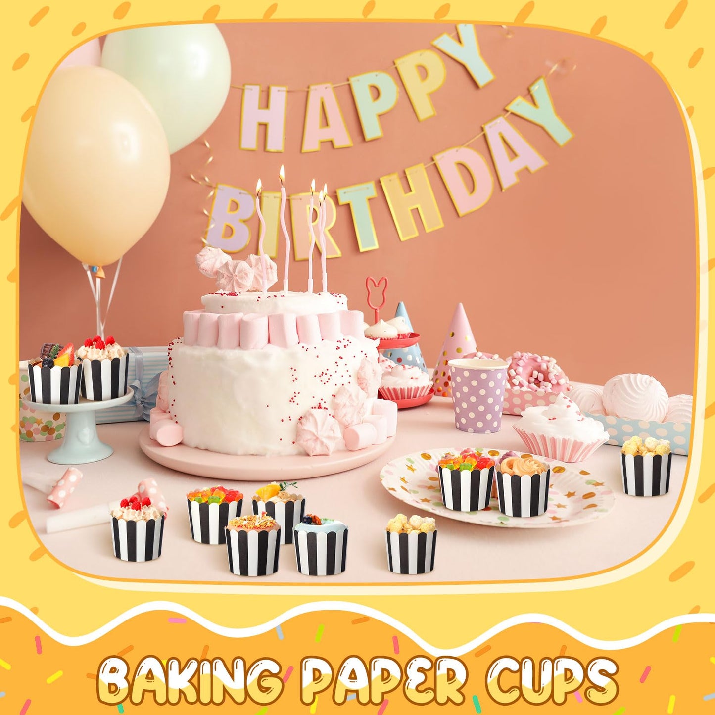 Romooa 300 Pcs Cupcake Liners Baking Paper Cup Muffin Liners Stripes Cupcake Wrappers 2.3 Inch Muffin Baking Cups for Carnival Halloween Birthday Party Supplies(Black and White)
