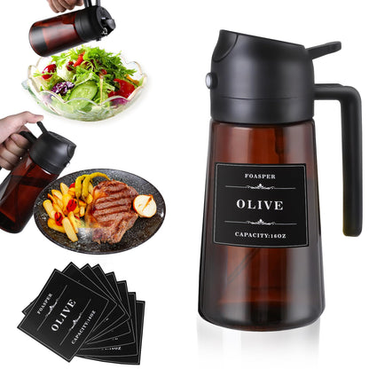 FOASPER 2 In 1 Olive Sprayer Dispenser for Cooking Kitchen, 16oz / 470ml Glass Oil Sprayer Bottle Spray and Pour, Air Fryer, Salad, BBQ, Upgraded Light Blocking Brown