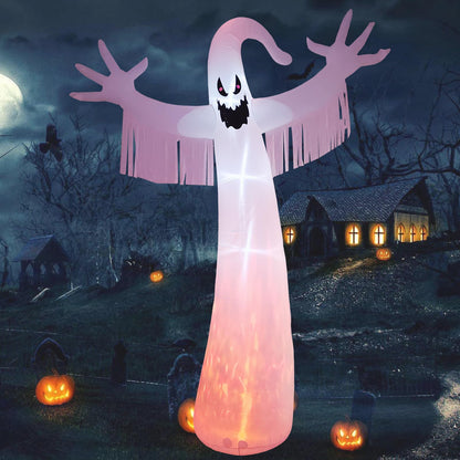 12FT Halloween Inflatables Outdoor Decorations: Inflatable Ghost with Fire Flame and Blinking Red Eyes, Blow up Decor for Yard Garden Lawn Home Holiday Party