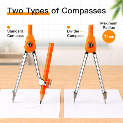 YPLUS Geometry Set for Students, Math Compass and Protractor Kit, School Supplies with Metal Tools, Formula Card and Storage Case, 11 Pcs Basic Geometry Set