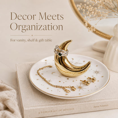 ChezMax Ceramic Moon Jewelry Tray Rings Dish Necklaces Earrings Holder Display Organizer Bracelets Plate Decoration