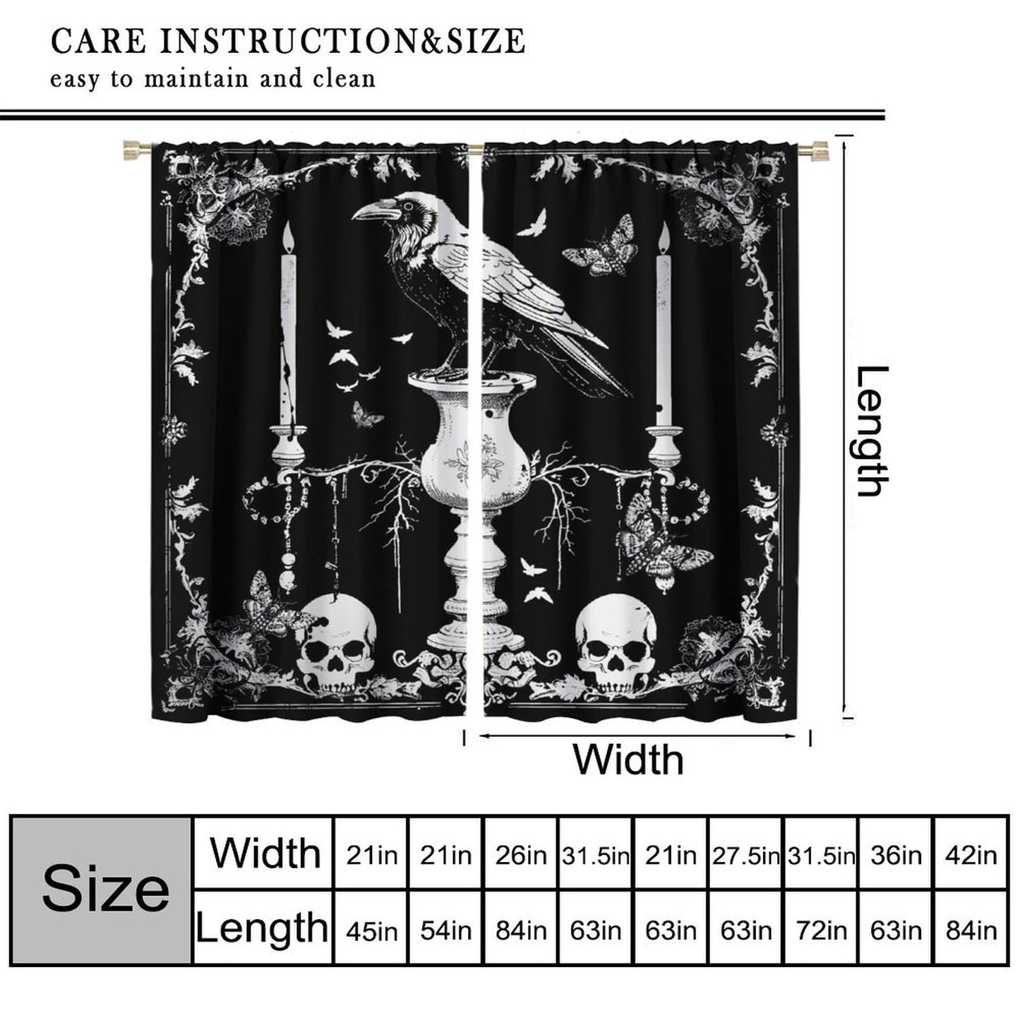 AAVEUP Gothic Crow Curtains for Boys,Mysterious Simple Eerie Skull Moth Raven Candle Flower Window Drapes Print for Halloween Kids Boys Girls Bedroom Living Room Bathroom 42x45in