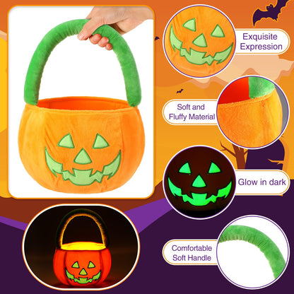 Teenyyou Halloween Pumpkin Trick or Treat Bucket Plush Candy Bag Basket Tote for Trick or Treating Glow in The Dark Favor Bags for Halloween Party Supplies