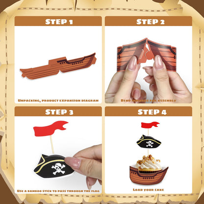 108 PCS Pirate Cupcake Toppers Pirate Ship Cake Borders Nautical Sailing Theme Cake Picks Skull Cap Halloween Party Decorations for Kids Birthday Baby Shower Decor Supplies
