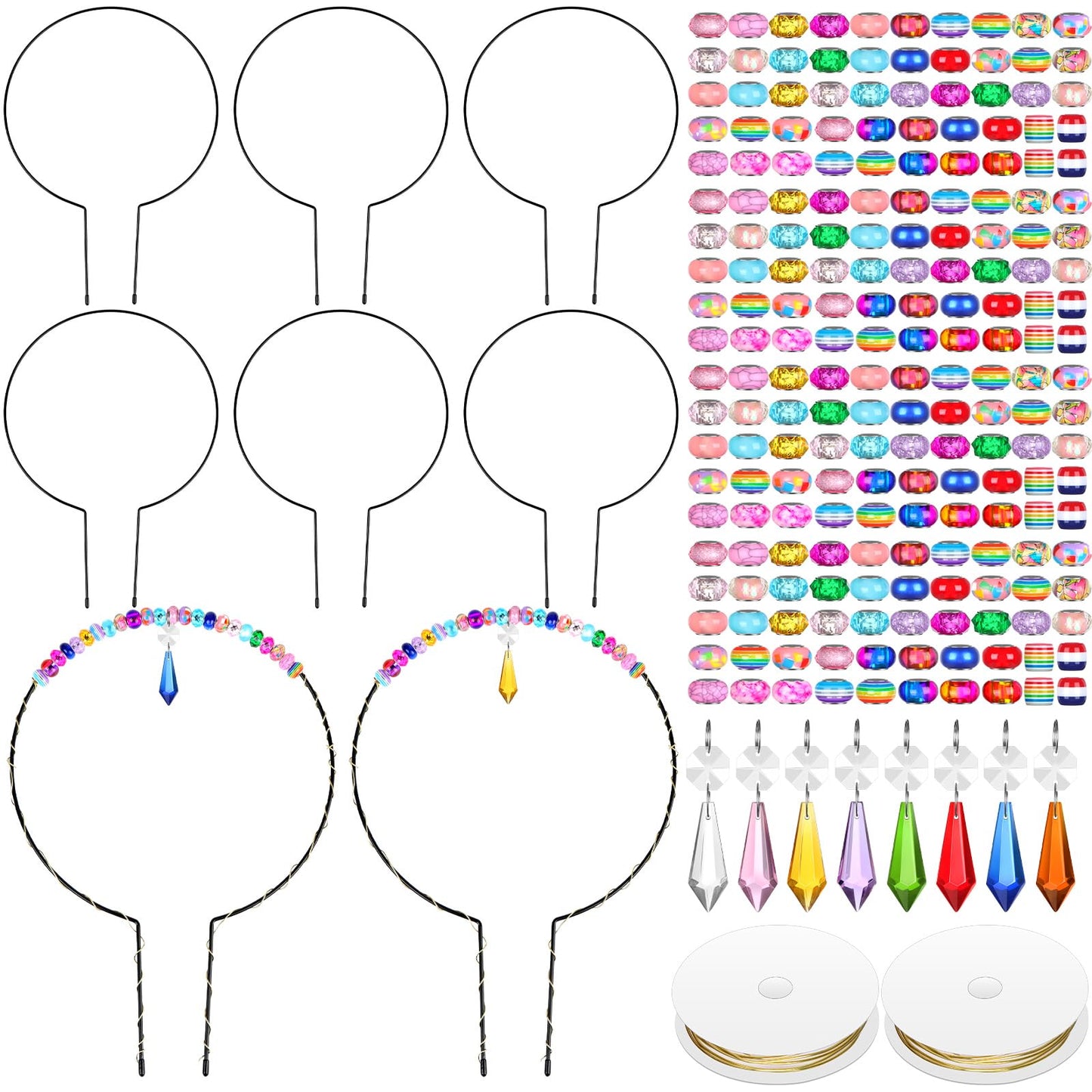 PartyYeah 218PCS Beaded Garden Stakes Kit Fairy Garden Stakes DIY Fairy Wand Garden Stake Beads Kits with 8 Colorful Crystal Charm 8 Round Arch Stand 200 Colorful Beads for Garden Craft Supplies