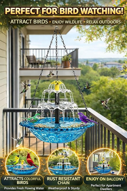 Solar Cascade Hanging Bird Bath Fountain, 2026 New Outdoor Hanging Bird Bath with Solar Fountain, Large Humming Birds Baths Fountains, with Solars Pump & Glass Bowl, for Outdoor, Gardens (#3)