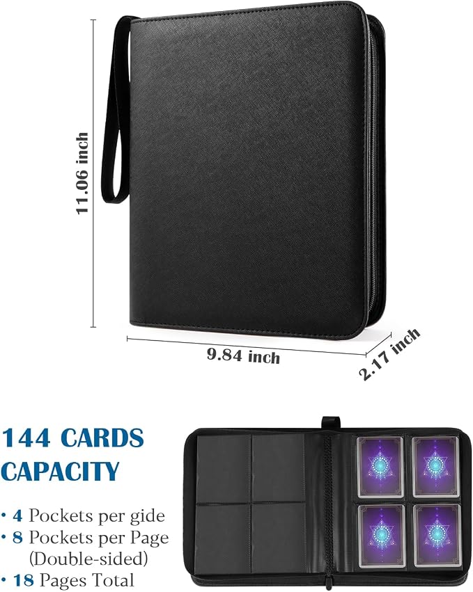 Top Loader Binder 4 Pocket for 144 Toploaders, Side Loading Toploader Binder for 3 x 4'' Rigid Cards with Zipper Closure, PU Leather Ringless 2x2 Card Binder for MTG/TCG/Sports/Games, Black