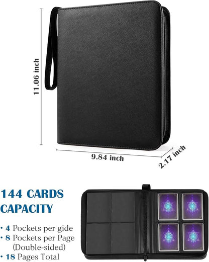 Top Loader Binder 4 Pocket for 144 Toploaders, Side Loading Toploader Binder for 3 x 4'' Rigid Cards with Zipper Closure, PU Leather Ringless 2x2 Card Binder for MTG/TCG/Sports/Games, Black