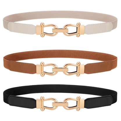 WERFORU 3 Pack Women Ladies Skinny Elastic Waist Belt Gold Buckle Stretchy Thin Belt for Dress Jeans,Black+Brown+Beige