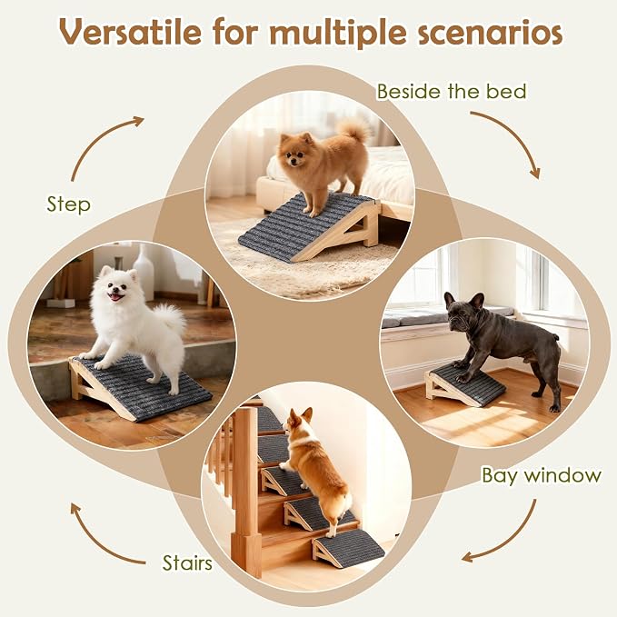 Wood Dog Ramp Stairs for Outdoor, Low Angle Dog Ramp for Stairs | 4.2"H, 2 Pack, ups to 170lbs, Premium Solid Wood, Anti-Slip Carpet Surface, Dog Stairs for Small Dogs, Footrest & Stretcher