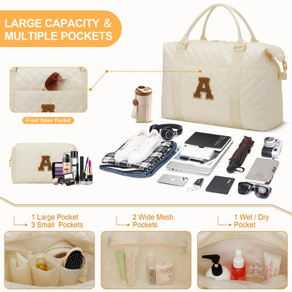 Gifts for Women, Initial Travel Duffle Bag, Personalized Weekender Overnight Bags, Gift for Mom Friend College Girl Graduation Teacher（Beige,A)