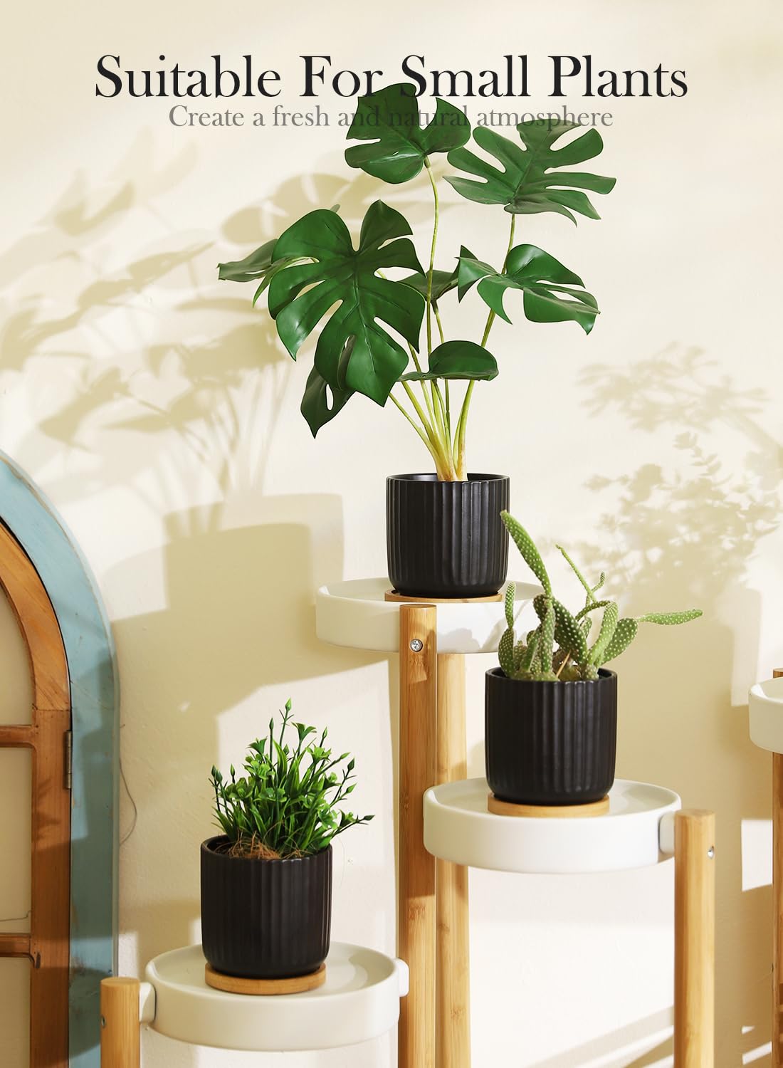 OMAYKEY 4 Inch Ceramic Plant Pot with Saucer, Small Planters Pots with Drainage Hole and Mesh Pads for Succulent, Cactus, Herbs, Stripe Pure Black