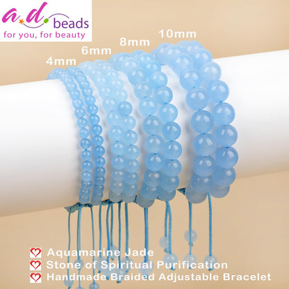 AD Beads 4mm Aquamarine Jade - Spiritual Purification - Handmade Natural Stone Crystal Bracelet with Adjustable Macrame String - Yoga Healing Power Energy Gifts for Men and Women