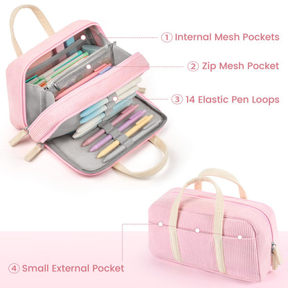 Sooez Large Pencil Case Pouch, Extra Big Pencil Bag with 5 Compartments, Pen Case Wide Opening, Soft Corduroy Pen Bag Organizer with Zipper, Cute Aesthetic School Supplies for Teen Girls, Pink