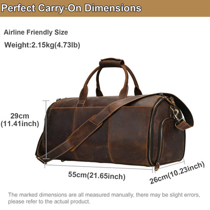 Yevabo Full Grain Genuine Leather 2-in-1 Garment Dufflel Bag for Men Foldable Suit Carrier with Independent Shoe Compartment, Large Capacity Weekender Overnight Travel Bag for Business Trips, Coffee