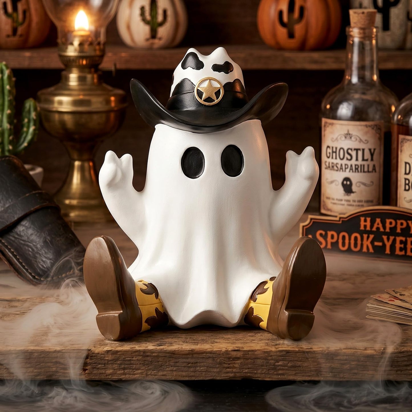Threehoney Halloween Ghost Figurine Cowboy Spooky Resin Ghost Statue Decoration with Hat and Boots Cute Funny Western Cowboy Figurine for Table Shelf Indoor Decor(Sitting Posture)