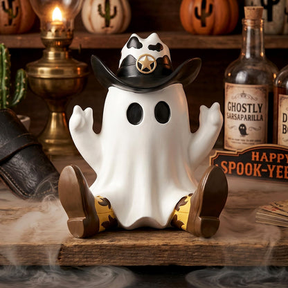Threehoney Halloween Ghost Figurine Cowboy Spooky Resin Ghost Statue Decoration with Hat and Boots Cute Funny Western Cowboy Figurine for Table Shelf Indoor Decor(Sitting Posture)