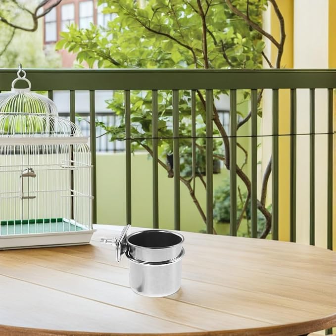 2pcs Stainless Steel Parrot Food Bowl with Clamp Holder, Bird Cage Feeding Coop Cups 4.4cm 5.5cm for Small Birds and Pet Parrots