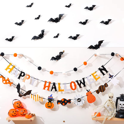 Hotop Halloween Banner Set: Pom Pom Garland, Candy Banner, Bat Decorations for Party Decor