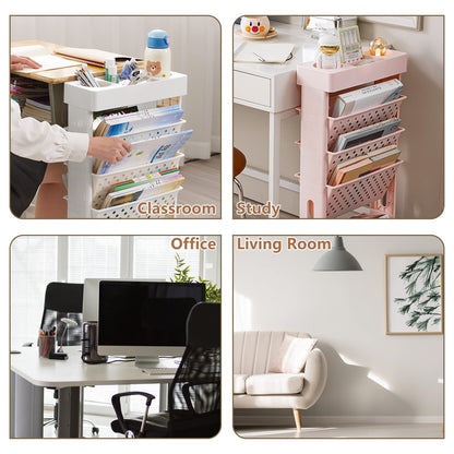 CINPIUK Pink Rolling Office Paper Organizer, Mobile Book Cart Document Folder File Storage with Pen Holder, Slim Rolling Storage Cart Movable Bookshelf for Office, Dorm, Classroom, Nursery