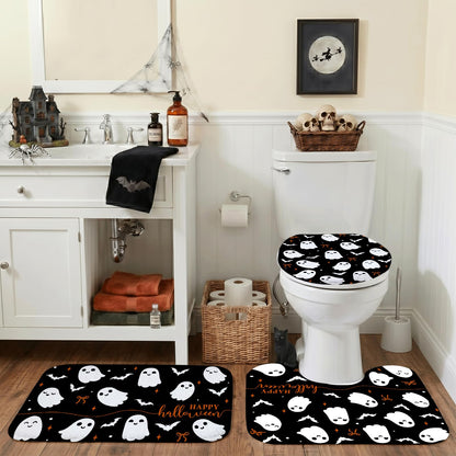 Mocsicka 4Pcs Halloween Shower Curtain Set Black Spooky Bow Ghost Shower Curtain Set for Halloween Bathroom Decor with Anti-Slip Waterproof Bathtub Bathroom Rugs Toilet Lid Cover