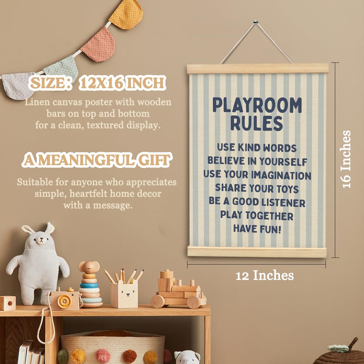 MOFUYU Playroom Wall Decor,Play Room Essentials,Nursery Playroom Rules Wall Art with Wooden Frames,Blue Poster Hanger Frame for Playroom Nursery Bedroom 12x16 Inch