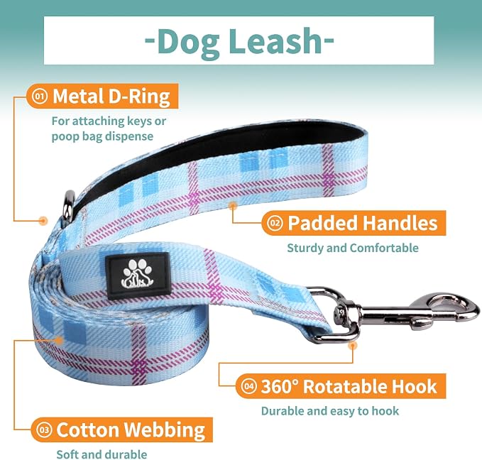 IVY&LANE Dog Collar with Bowtie and Leash Set | Plaid Adjustable Dog Collar | Detachable Bow Tie |5 FT Dog Leash | for Small Medium Large Dogs | Checkered Blue | Small