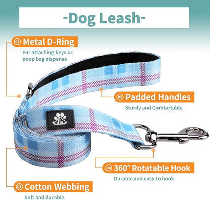 IVY&LANE Dog Collar with Bowtie and Leash Set | Plaid Adjustable Dog Collar | Detachable Bow Tie |5 FT Dog Leash | for Small Medium Large Dogs | Checkered Blue | Small