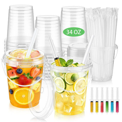 34oz Drink Buckets with Lids & Straws, 30 Pack Clear Party Buckets