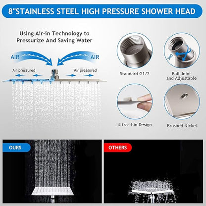 Shower Head Combo(Brushed Nickel),8 Inch High Pressure Rain Shower Head with 11 Inch Adjustable Extension Arm and 5 Settings Handheld Shower Head Combo,Powerful Shower Spray Against Low Pressure Water