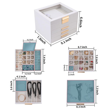 BOOVO Clear Lid Jewelry Box,3 Layers Jewelry Organizer Large Jewelry Storage Box with 2 Drawers,Jewelry Holder Organzier of Rings Earrings Necklace Bracelets for Women (White, 4 Layer)