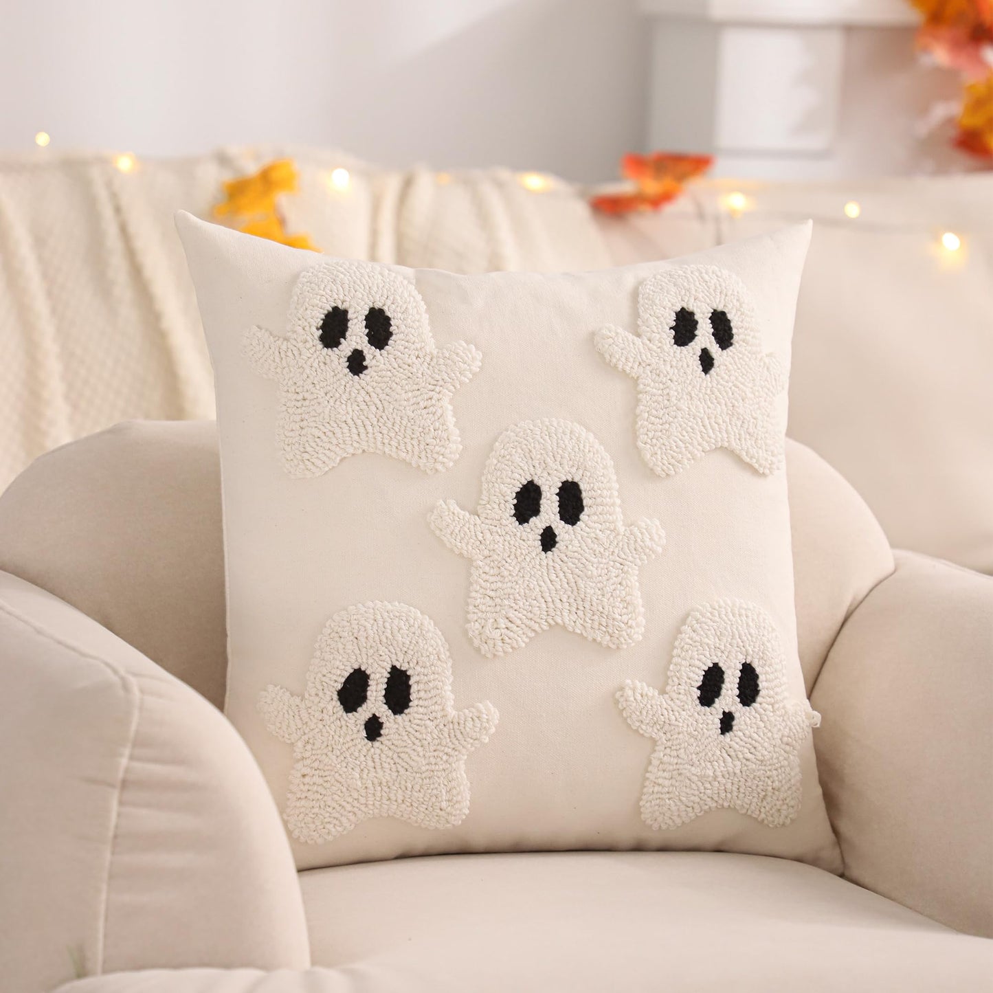 LUOYEHK Halloween Pillow Covers 18x18 Set of 2 Ghosts Decorative Throw Pillow Covers Holiday Canvas Embroidered Cushion Covers for Couch Sofa Bed Living Room