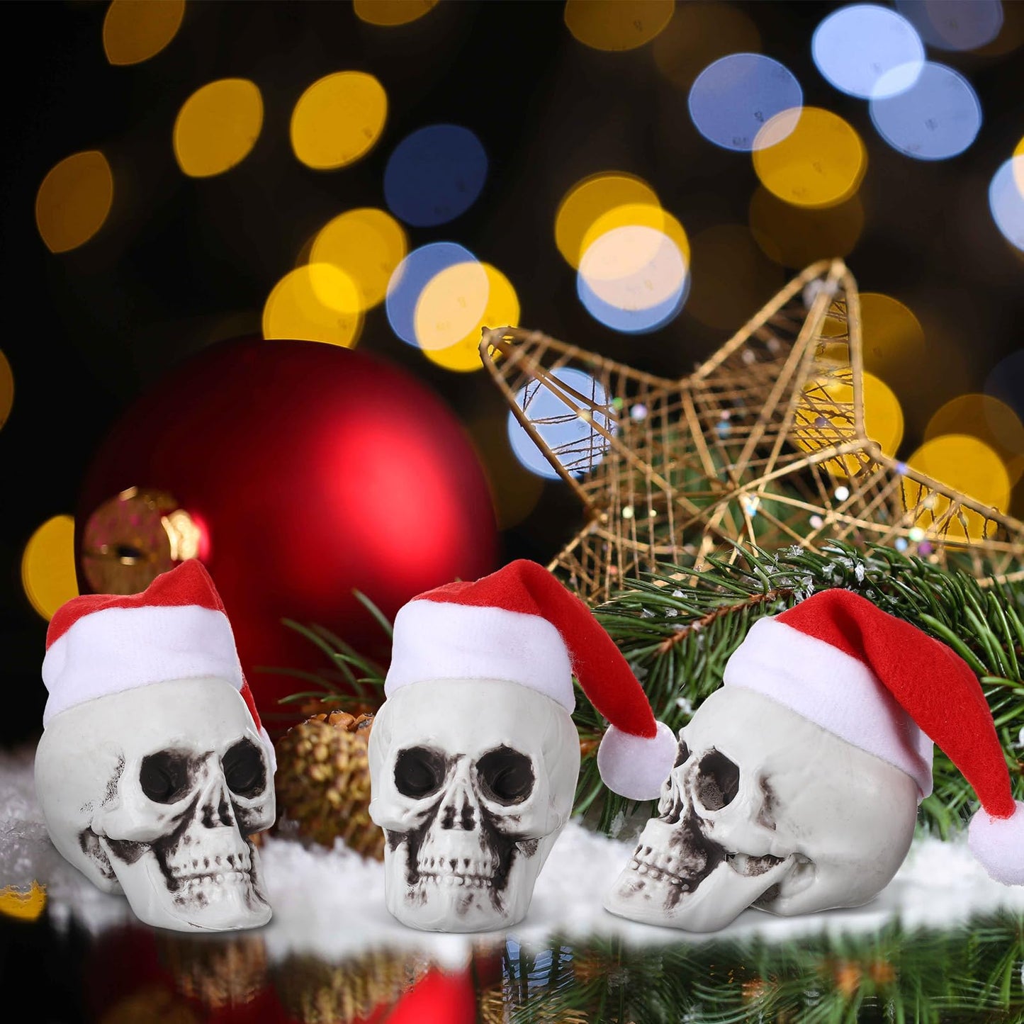 Lenwen 24 Pcs Mini Hanging Skull Heads Santa Hat Halloween Skeleton Head Tree Ornament Decorations for Holiday Party Xmas Tree Decor(3.15 Inch)