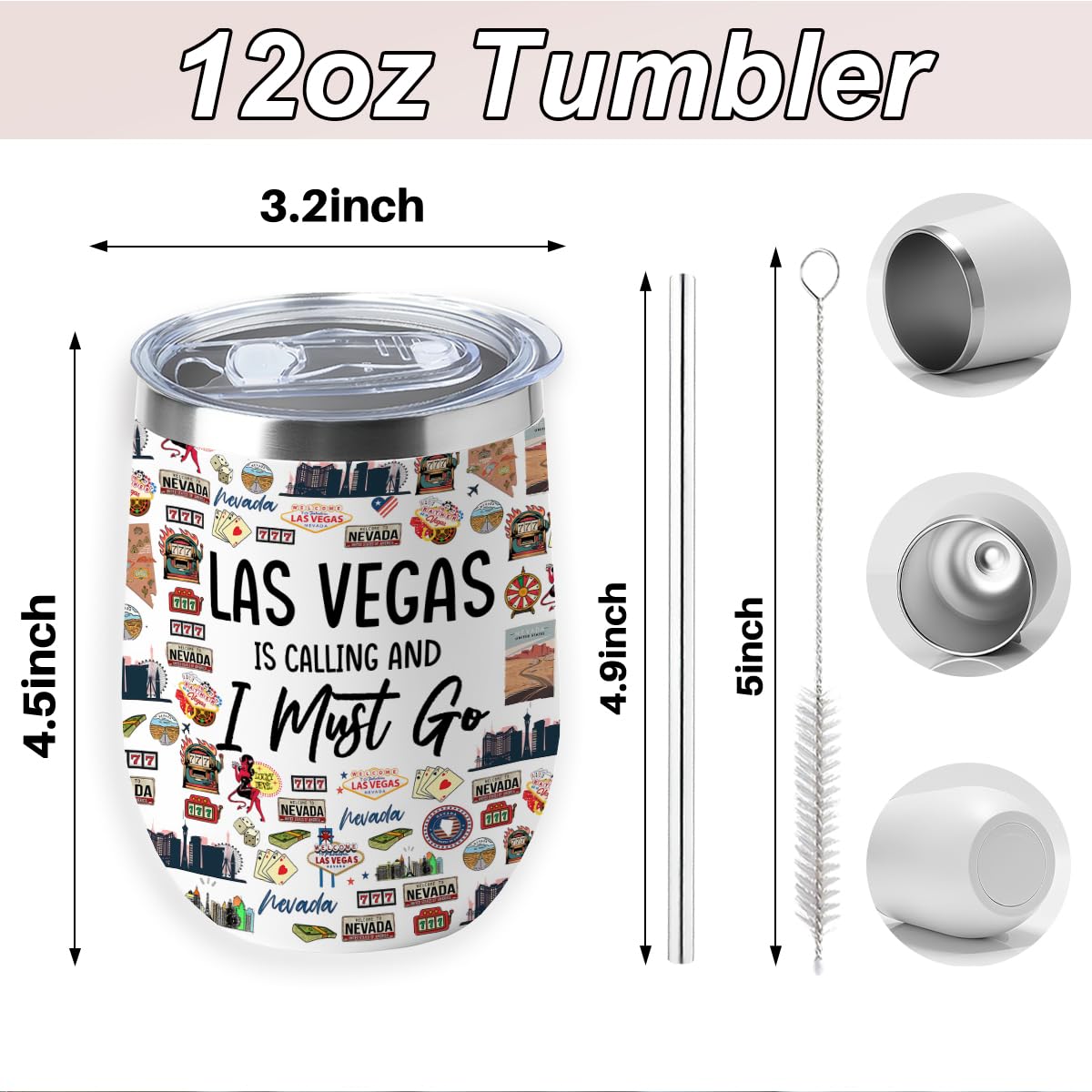 Las Vegas Souvenir Wine Tumbler 12 oz Insulated Wine Glass Cup with Lid Straw Vacuum Insulated Travel Cup,Travel Weekender Gifts for Women Sister Christmas Birthday Halloween Girls Trip Gifts Favors