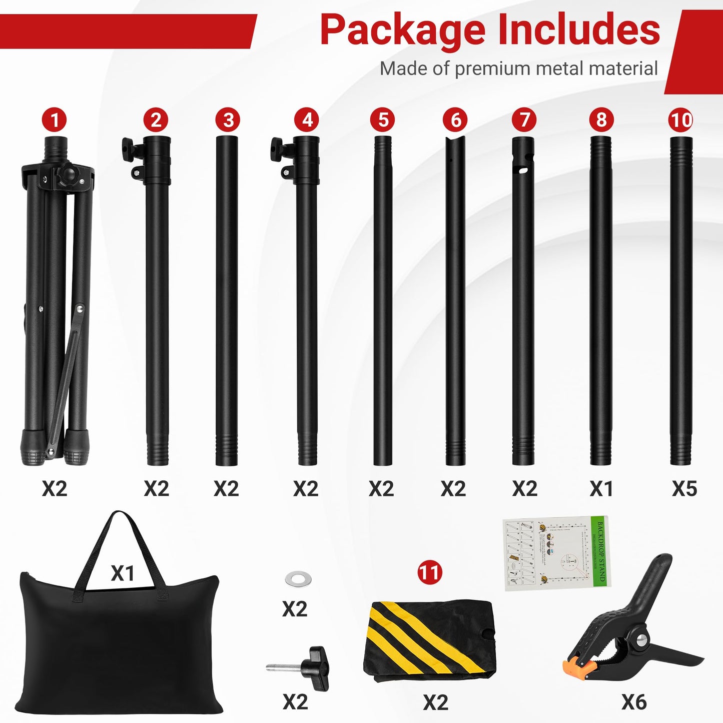 Backdrop Stand, Adjustable 10x7.5 FT Background Stand Backdrop for Parties, Photo Video Studio, Portable Photography Backdrop Stand with Carrying Bag, 6 Backdrop Clamps, and 2 Stand Bags
