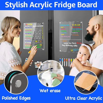 PigPotParty Clear Acrylic Magnetic Chore Chart and Blank Memo Whiteboard for Fridge, 2 Pack 9.5"x12" Dry Erase Board to Do List Meal Planner for Adult Teens Kids Family, Include 8 Markers & 1 Towel