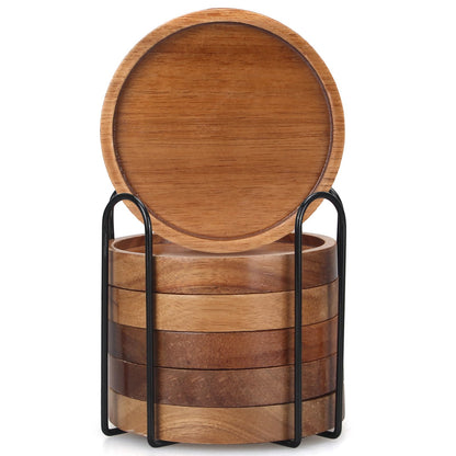 6 Pcs Best Wooden Coasters with Holder Coffee Table Decor Acacia Wood Coaster Set Modern Cup Coaster for Drink Home Dining Table Kitchen Accessories Cute Beer Bar Decorative Rustic Outdoor Coasters