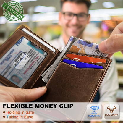 BULLIANT Men Full Grain Wallet,Slim Wallet Magnetic Closure Simplifed Bill Folder RFID Blocking 11Cards