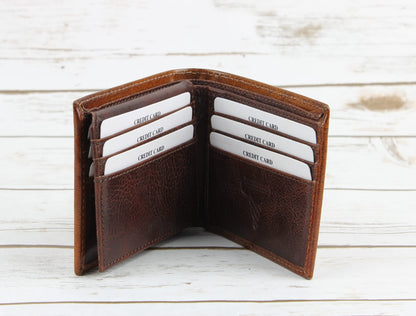 American Bison RFID Wallet for Men – Hand-Tooled Floral Cowhide Leather Bifold Wallet with Gift Box (Light Brown)