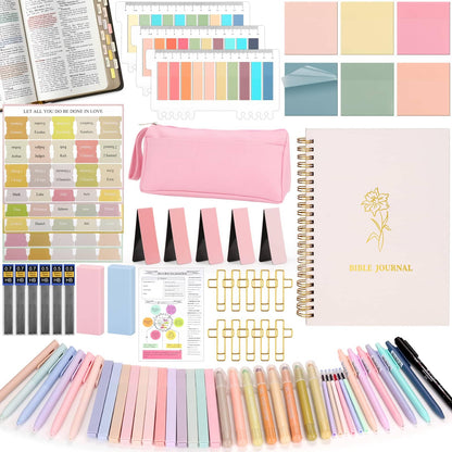 Flasoo 106 Pack Bible Study Supplies Journaling Kit for Women, Church Journal Note Taking Annotation Kit, Tabs and Highlighters Set with Pencil Case and More Bible Accessories Christian Gift