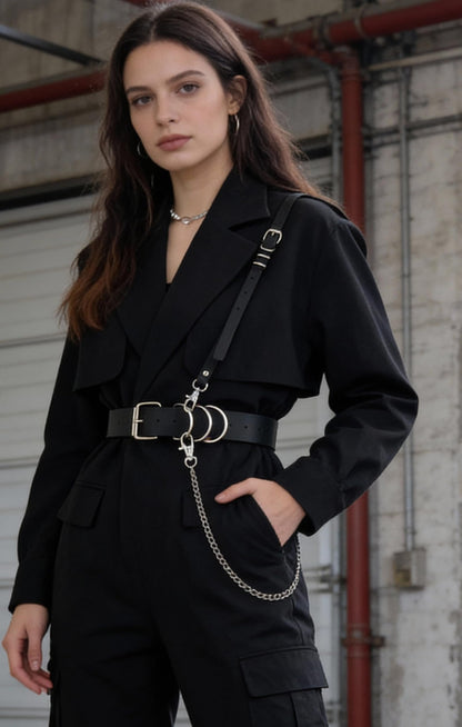Women's Adjustable Waist Belt with Shoulder Strap & Chain – Faux Leather Fashion Belt with Alloy Ring – Streetwear Layering Accessory for Festival Photoshoot Performance Outfit (Fit Waist 21.5-36.0in)