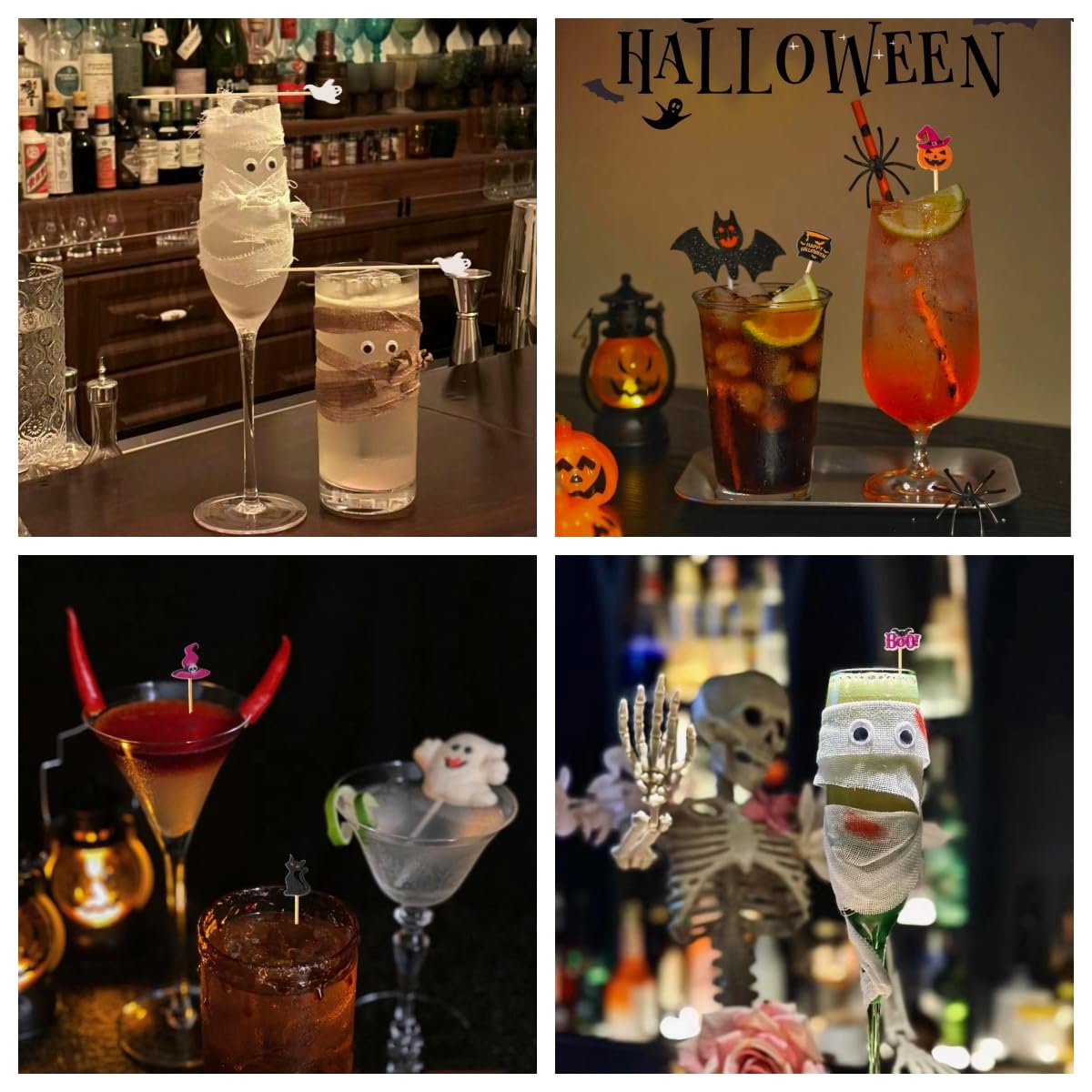 Jiesky 235pcs Halloween Cocktail Picks Halloween Theme cats boo ghosts witch hats pumpkins Bamboo Cocktail Toothpicks Fruit Sticks Sandwich Appetizer Charcuterie Skewers for Halloween Party Supplies