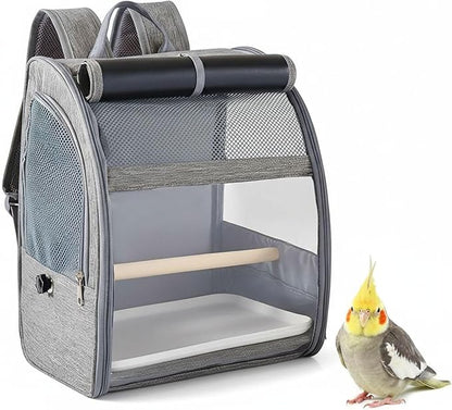 Breathable Bird Backpack Carrier, Gray Pet Travel Cage with Mesh Window, Portable Parrot Backpack for Cockatiel, Pigeons, Includes Removable Perch & Tray, 12.2 X 9.6 X 15 in