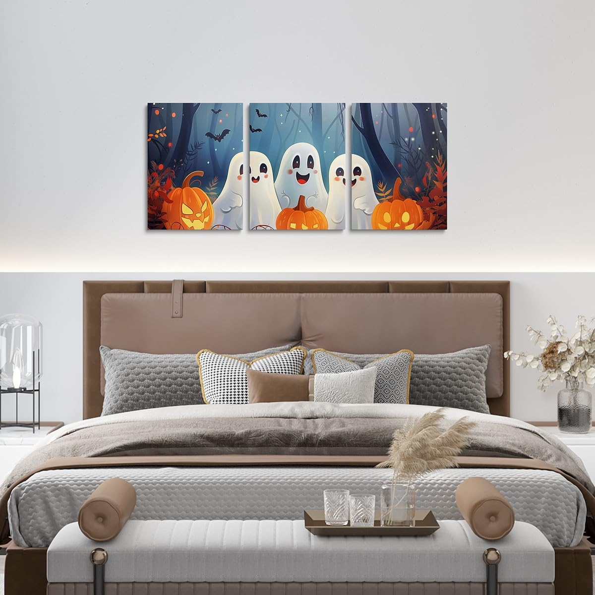 Cute Ghosts Cactus Canvas Wall Art Set Of 3 Pieces, Cartoon Pumpkin Lantern Wall Decor Home Artwork for Living Room Bedroom Decorative, Halloween Paintings Wall Hanging, Kids Boy Girl Room Decor