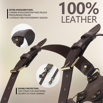 4J LEDR Dual Camera Harness Strap for Two-Cameras,Dual Shoulder Full Grain Leather Harness,Multi Double Camera Gear for DSLR/SLR Strap,Double Camera Harness for Photographers,Small Size,Brown