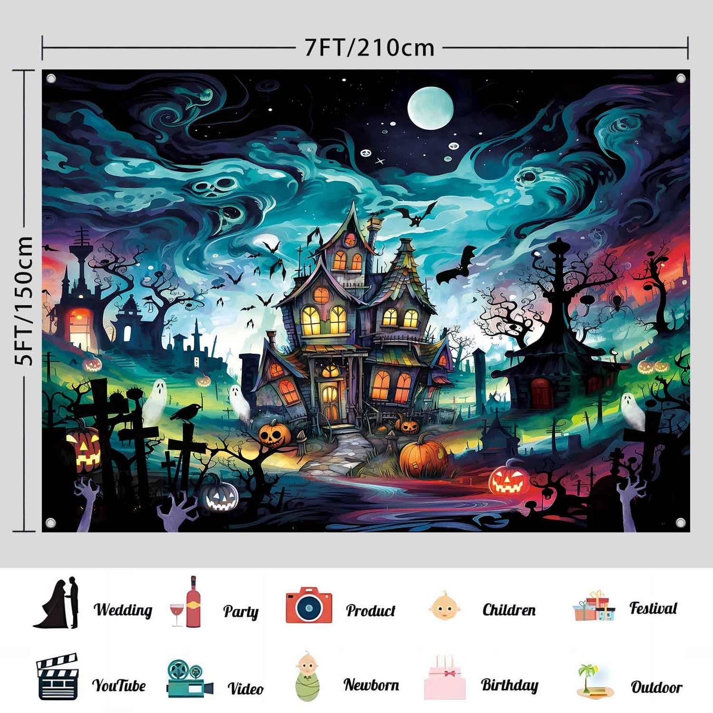 LDWLYW Halloween Cemetery Backdrop Horror Halloween Party Decorations Scary Haunted House Graveyard Wall Banner Photography Background Indoor Outdoor Photo Booth Props for Kids 7x5 ft