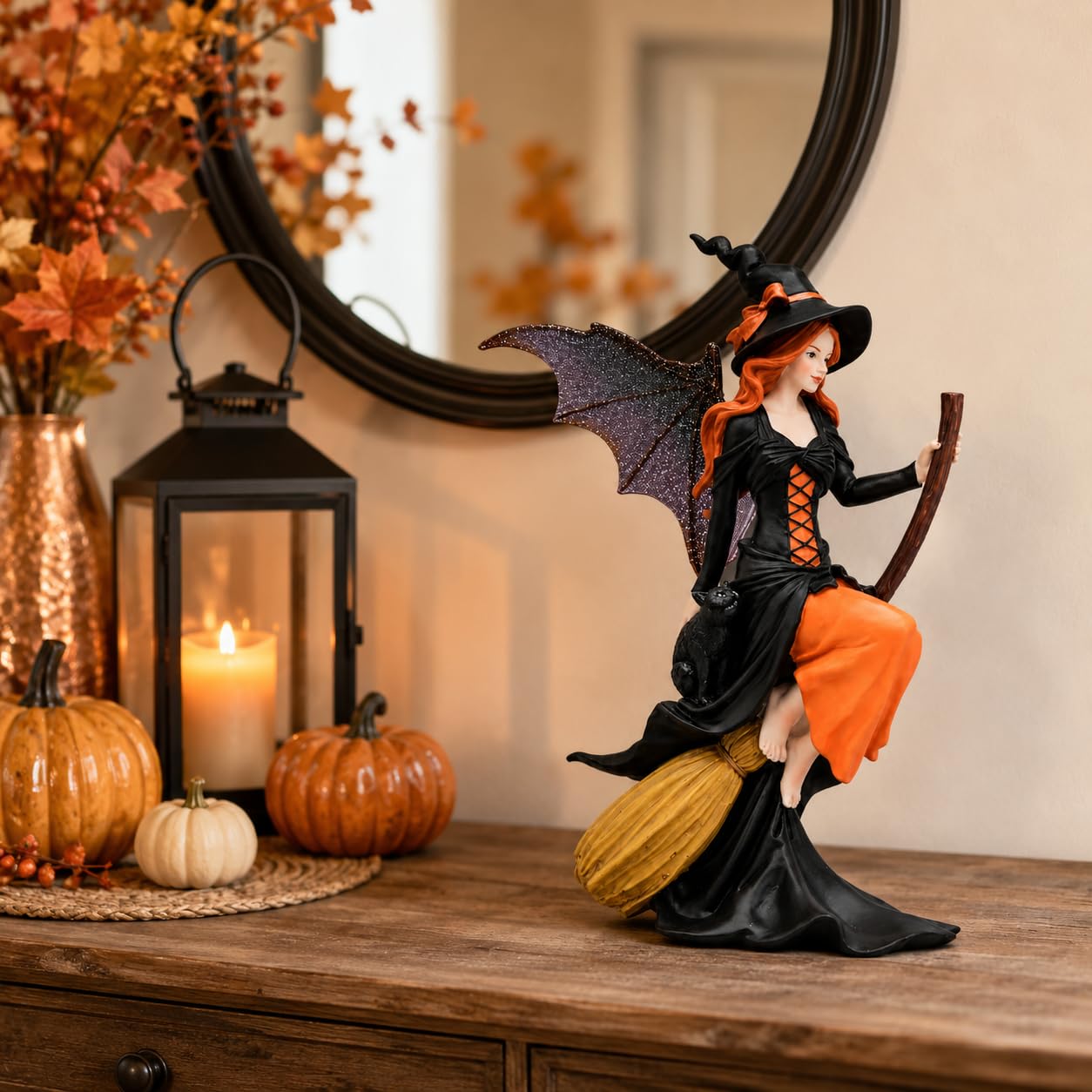 Comfy Hour 8" Gothic Fairy Witch Figurine on Broom, Fantasy Sorceress Statue with Mystical Wings, Spooky Halloween Indoor Decor Accent, Polyresin Artisan Crafted Sculpture, 1 Unit