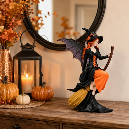 Comfy Hour 8" Gothic Fairy Witch Figurine on Broom, Fantasy Sorceress Statue with Mystical Wings, Spooky Halloween Indoor Decor Accent, Polyresin Artisan Crafted Sculpture, 1 Unit