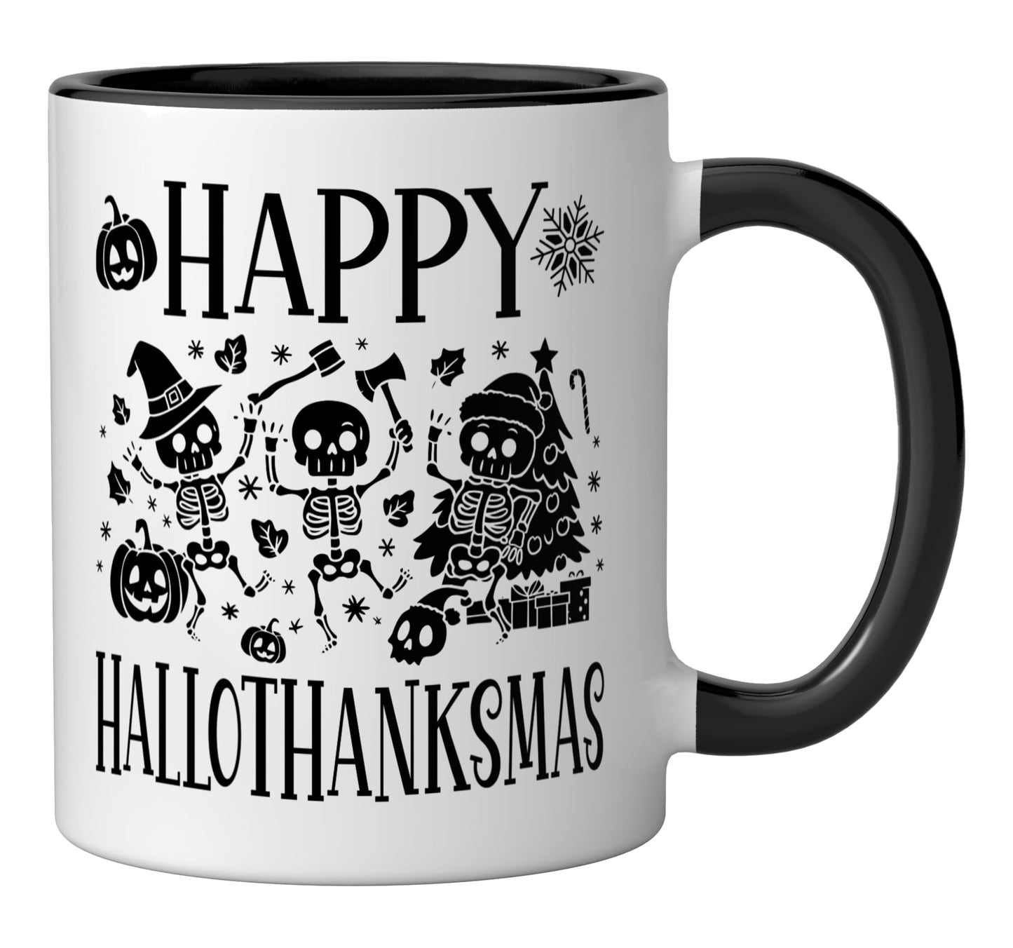 Happy Hallothanksmas Halloween Thanksgiving Xmas Skeleton Ceramic Mug, Black/White
