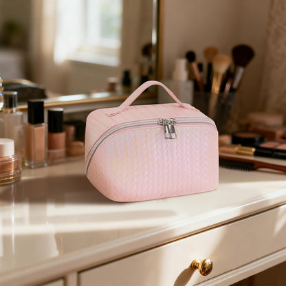 TINYAT Travel Makeup Bag for Women Open Flat Cosmetic Bags Leather Toiletry Bag Waterproof Pouch Travel Essentials Organizer